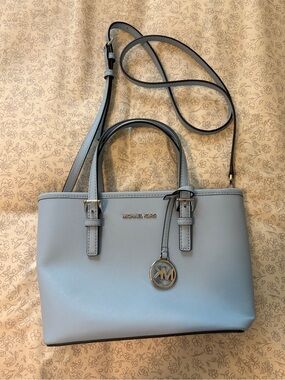Michael Kors Light Blue Saffiano Satchel with Crossbody Strap